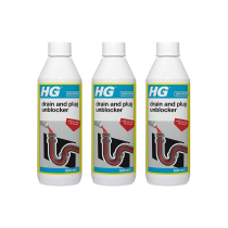 HG Drain and Plug Unblocker 500ml bottle on a bathroom shelf under the sink