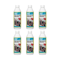 HG Drain and Plug Unblocker 500ml bottle on a bathroom shelf under the sink