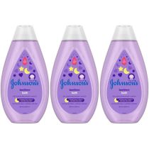 Johnson's Baby Bedtime Bath 300ml bottle on a bathroom shelf next to baby bath toys