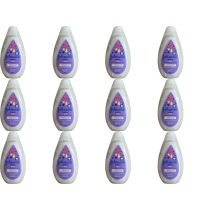 Johnson's Baby Bedtime Lotion 300ml bottle on a nursery shelf beside baby bath products
