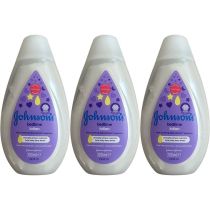 Johnson's Baby Bedtime Lotion 300ml bottle on a nursery shelf beside baby bath products