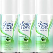 Gillette Satin Care Sensitive Skin Women's Shaving Gel 75ml can on a bathroom shelf
