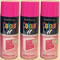Paint Factory Colour It Quick Drying Spray Perfect Pink Gloss Finish 400ml - Pack of 3