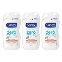 Sanex Zero Baby Hypoallergenic Nourishing Bath and Shampoo 450ml bottle on bathroom shelf