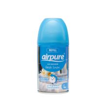 Airpure Automatic Air Freshener Refill Fresh Linen 250ml can on a living room shelf
