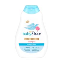 Baby Dove Rich Moisture Baby Shampoo 400ml bottle on a clean bathroom shelf
