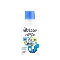 Buster Plughole Sanitiser Eucalyptus Drain Cleaner 300g tub on a bathroom shelf
