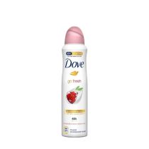 Dove Go Fresh Pomegranate Antiperspirant Deodorant Spray 250ml can on bathroom shelf
