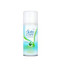Gillette Satin Care Sensitive Skin Women's Shaving Gel 75ml can on a bathroom shelf

