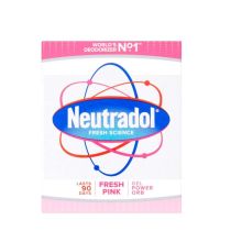 Neutradol Fresh Pink Gel Odour Deodourizer 135ml pot on a bathroom shelf
