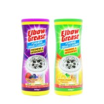 Elbow Grease Foaming Drain Cleaner 500g tub on a bathroom shelf beside the sink
