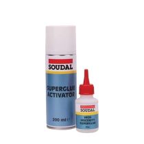 Soudal High Viscosity Superglue 50g and Activator Bonding Mitre Kit 200ml on a workbench
