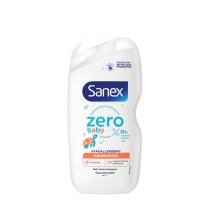 Sanex Zero Baby Hypoallergenic Nourishing Bath and Shampoo 450ml bottle on bathroom shelf

