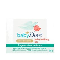 Dove Sensitive Care Baby Bar Soap Fragrance Free 4 x 90g bars on a bathroom shelf
