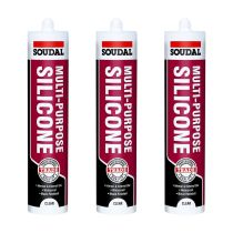 Soudal Multi Purpose Clear Silicone Sealant 270ml cartridge on a workbench