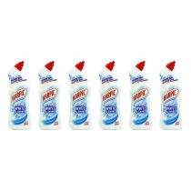 Harpic White & Shine Original Toilet Cleaner Bleach 750ml bottle on a bathroom shelf
