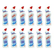 Harpic White & Shine Original Toilet Cleaner Bleach 750ml bottle on a bathroom shelf
