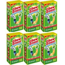 Elbow Grease Drain Unblocker Sachets 3 x 25g pack on a bathroom shelf
