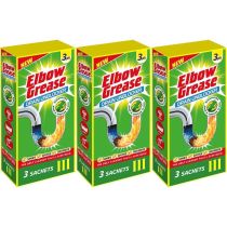 Elbow Grease Drain Unblocker Sachets 3 x 25g pack on a bathroom shelf
