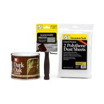 151 Home Decorating Essentials Bundle – 2 Polythene Dust Sheets, Masonry Paint Brush & Dark Oak Varnish 180ml