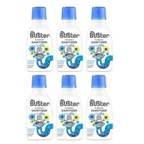Buster Plughole Sanitiser Eucalyptus Drain Cleaner 300g tub on a bathroom shelf