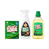Dri-Pak Natural Cleaning Essentials Bundle – Bicarbonate of Soda 500g, White Vinegar Extra Strength 500ml & Liquid Soap Flakes 750ml