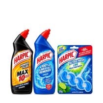 Harpic Toilet Care Bundle – Power Plus Original 750ml, Limescale Remover Fresh 750ml & Active Fresh Lime Rim Block 35g