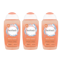 Femfresh Intimate Skincare Daily Wash 250ml bottle on a clean bathroom shelf

