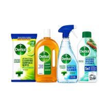 Dettol Antibacterial Cleaning Bundle – Washing Machine Cleaner 250ml, Antiseptic Liquid 750ml, Surface Wipes 110 wipes & Spray 750ml
