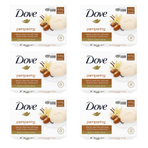 Dove Pampering Shea Butter and Vanilla Soap Bars pack of 4 × 90g on white background
