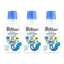 Buster Plughole Sanitiser Eucalyptus Drain Cleaner 300g tub on a bathroom shelf