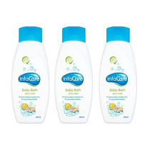 Infacare Baby Bath Ultra-Mild Bubble Shampoo 750ml bottle on a bathroom shelf
