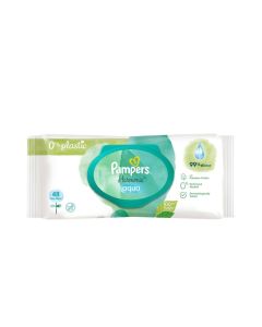 Pampers Harmonie Aqua Baby Water Wipes 48s pack on a clean nursery changing table
