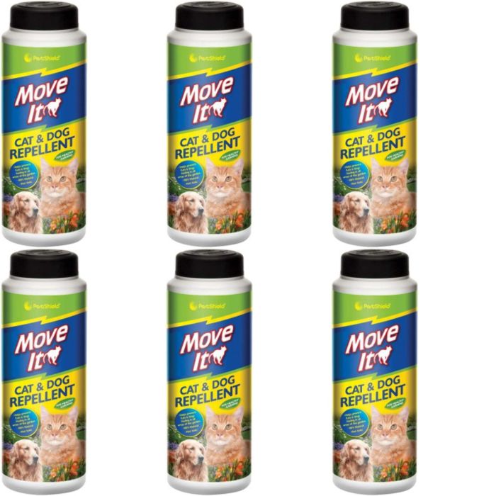 Pestshield Move It Cat and Dog Garden Repellent 240g tub on a garden path

