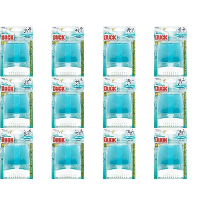 Toilet Duck 3 In 1 Cool Mist Rim Block Holder 55ml clipped onto a toilet rim
