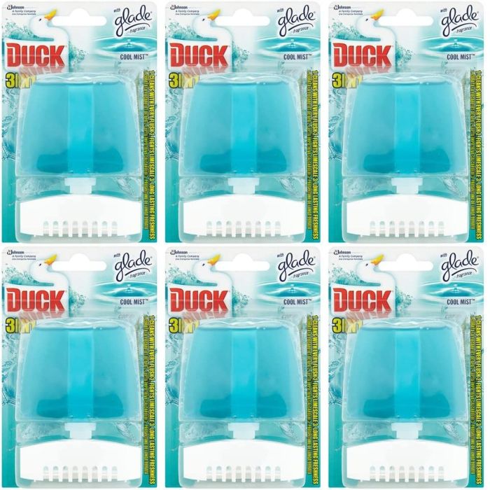 Toilet Duck 3 In 1 Cool Mist Rim Block Holder 55ml clipped onto a toilet rim
