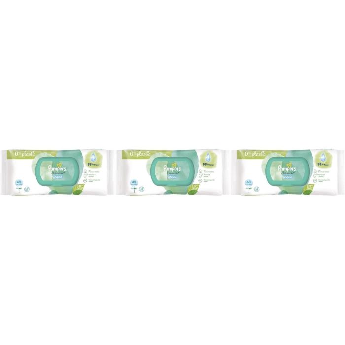 Pampers Harmonie Aqua Baby Water Wipes 48s pack on a clean nursery changing table
