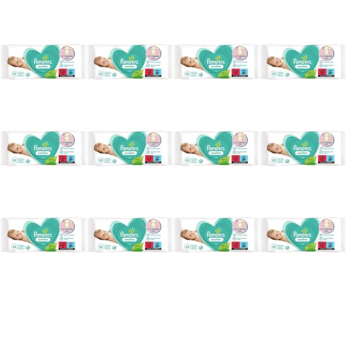Pampers Sensitive Baby Wipes pack of 52 on a clean changing table
