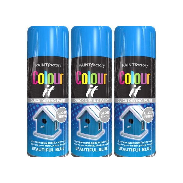 Paint Factory Colour It Quick Drying Spray Blue Gloss Finish 400ml - Pack of 3
