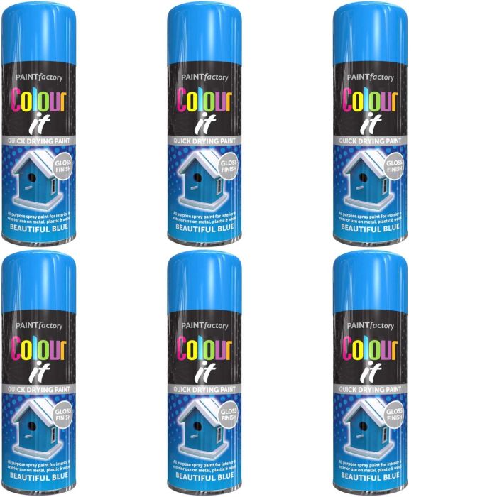 Paint Factory Colour It Quick Drying Spray Blue Gloss Finish 400ml - Pack of 6