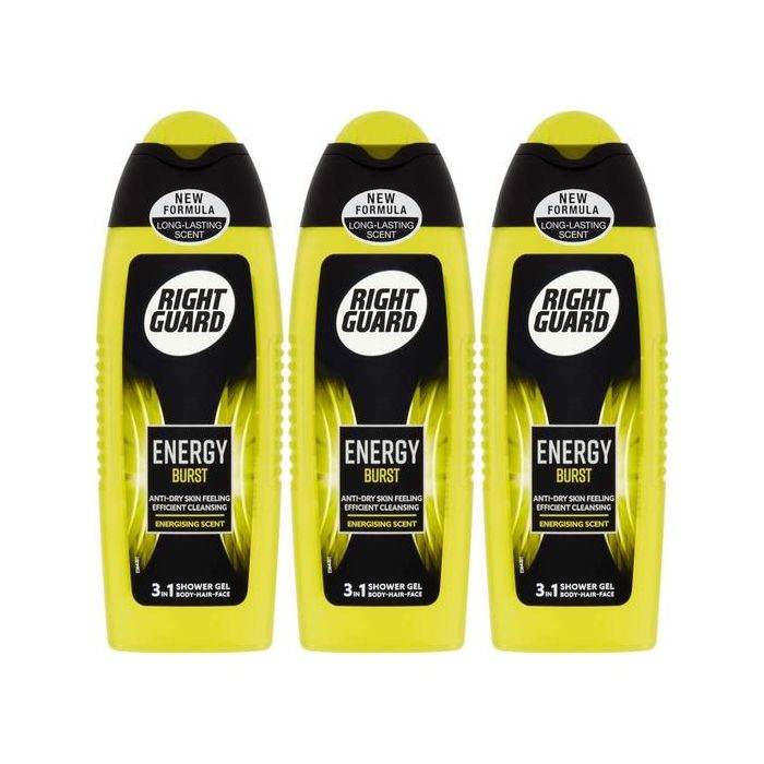 Right Guard 3-in-1 Shower Gel Energy Burst 250ml - Pack of 3