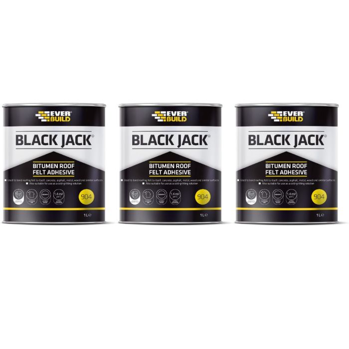 Everbuild Black Jack 904 Roof Felt Adhesive High Strength Black 1 Litre - Pack of 3