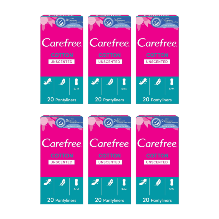 Carefree Cotton Pantyliners Unscented 20 Pack - Pack of 6