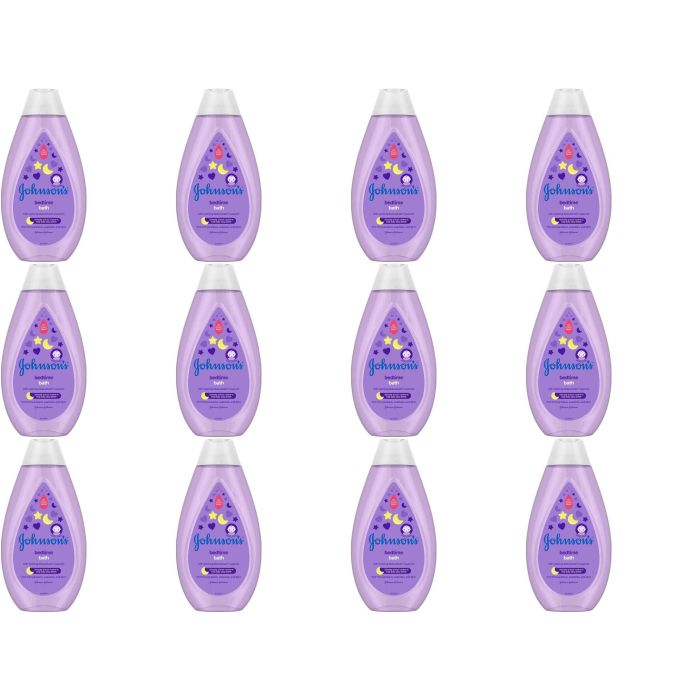 Johnson's Baby Bedtime Bath 300ml bottle on a bathroom shelf next to baby bath toys
