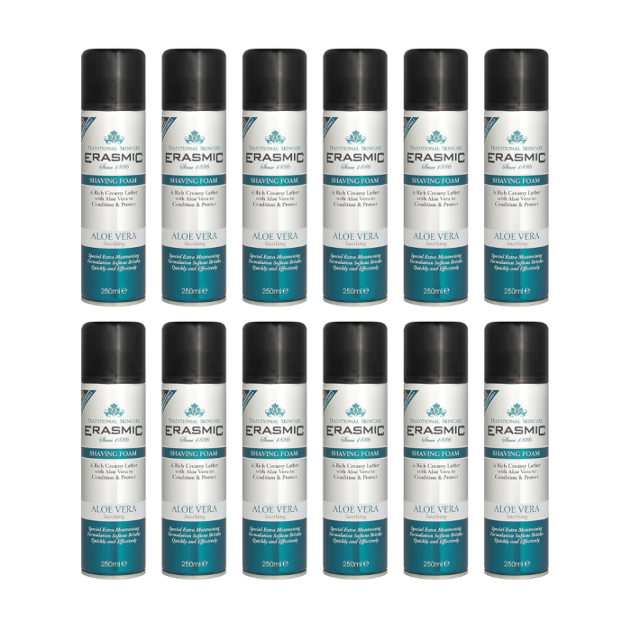 Erasmic Aloe Vera Shaving Foam 250ml can on white background

