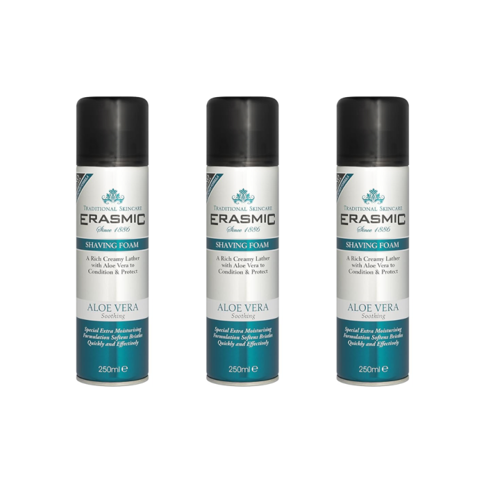 Erasmic Aloe Vera Shaving Foam 250ml can on white background
