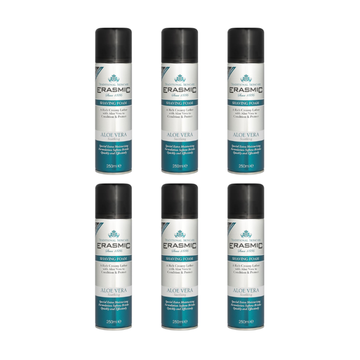 Erasmic Aloe Vera Shaving Foam 250ml can on white background
