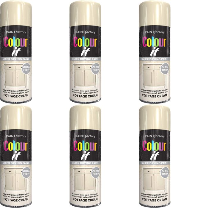 Paint Factory All Purpose cottage Cream Gloss Finish Spray 400ml - Pack of 6