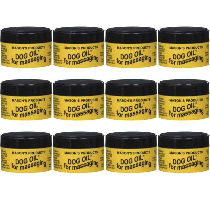 Masons Dog Oil Massaging Balm 100g tub on a wooden surface next to a dog
