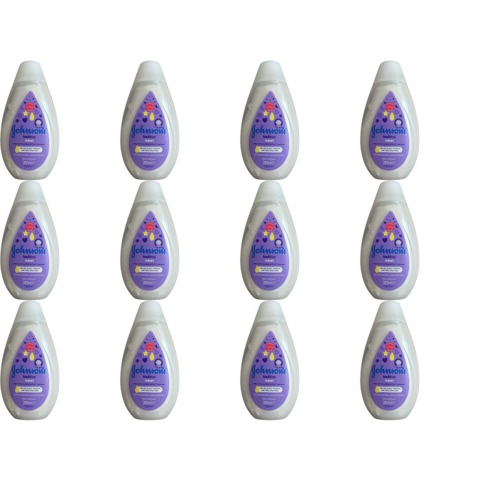 Johnson's Baby Bedtime Lotion 300ml bottle on a nursery shelf beside baby bath products
